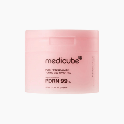 Ein rosa Behälter mit Medicube PDRN Pink Collagen Toning Gel Toner Pad (70 Pads), 120ml, mit 99% hochreinem Lachs PDRN.