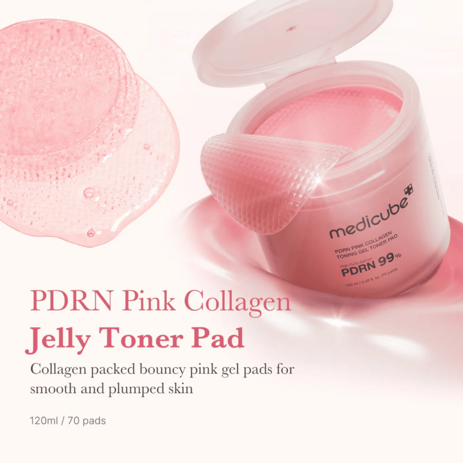 Geöffneter Behälter von Medicube PDRN Pink Collagen Toning Gel Toner Pad (70 Pads) mit strukturierten rosa Gel-Pads sichtbar, formuliert, um zu helfen, glatte, aufgepolsterte Haut.