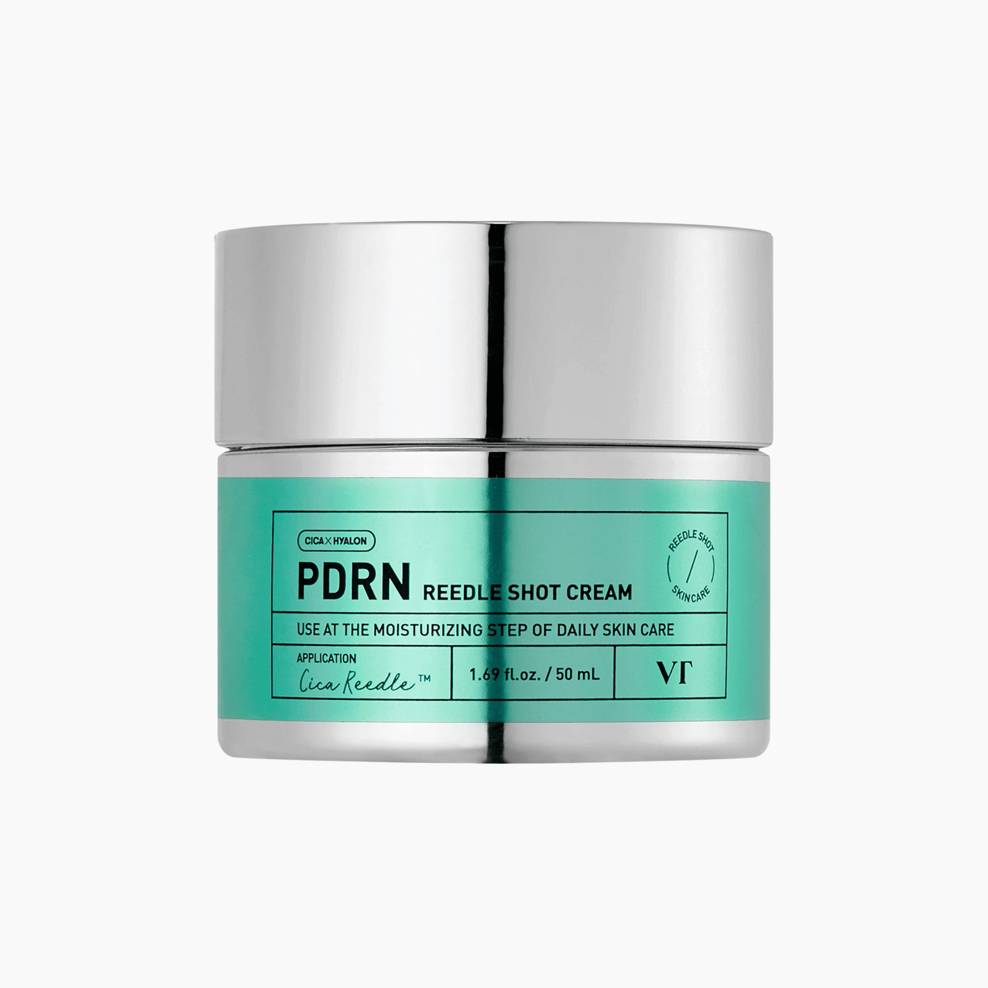 Ein 50-ml-Tiegel der VT Cosmetics PDRN Reedle Shot Cream mit silbernem Deckel und türkisfarbenem Etikett für die feuchtigkeitsspendende Hautpflege.