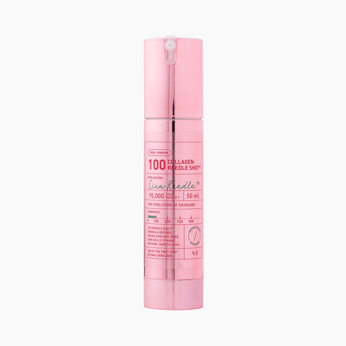Eine rosafarbene Flasche mit der Aufschrift VT Cosmetics Collagen Reedle Shot 100, 50 ml, zeigt auf der Vorderseite Produktdetails und eine Liste der Inhaltsstoffe.