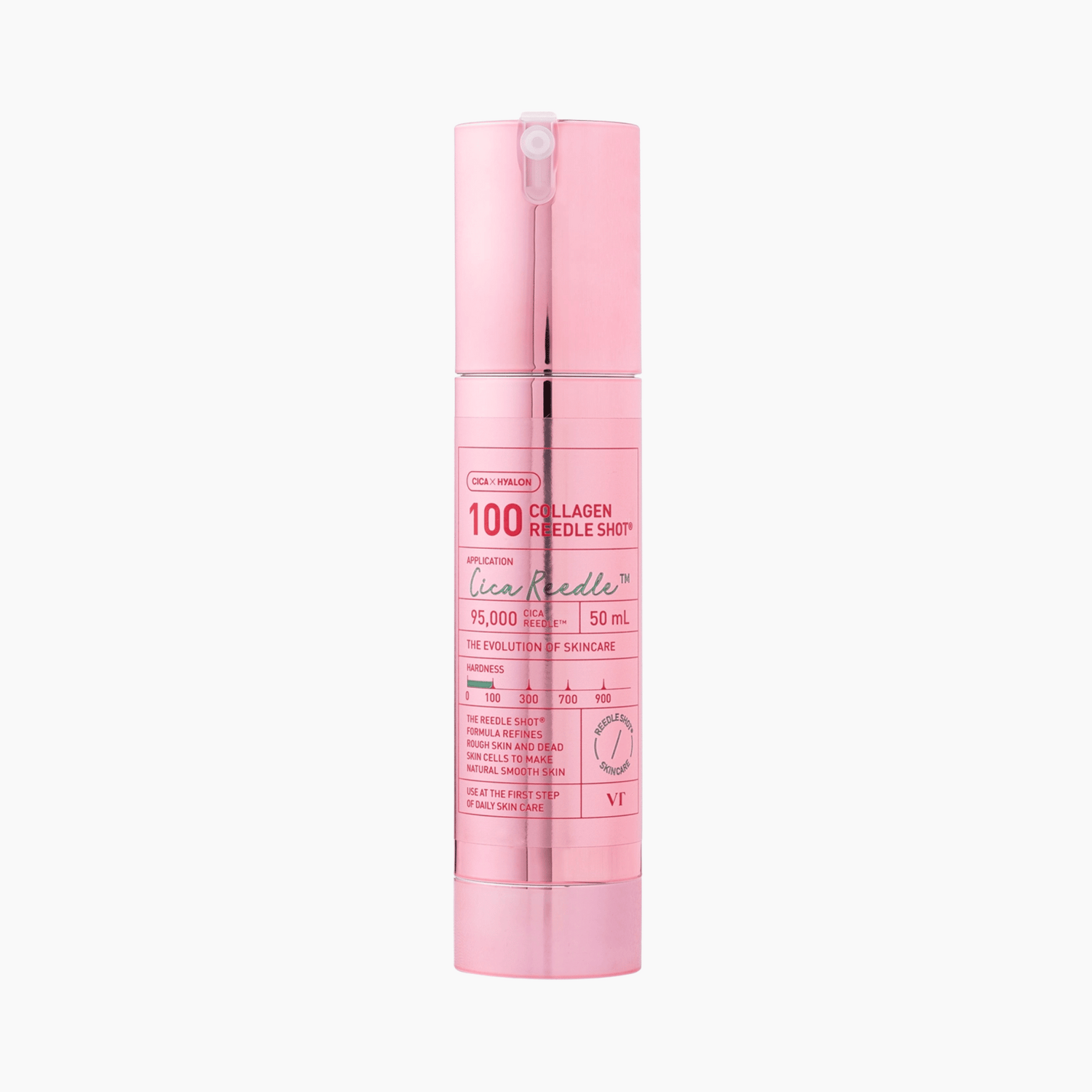 Eine rosafarbene Flasche mit der Aufschrift VT Cosmetics Collagen Reedle Shot 100, 50 ml, zeigt auf der Vorderseite Produktdetails und eine Liste der Inhaltsstoffe.