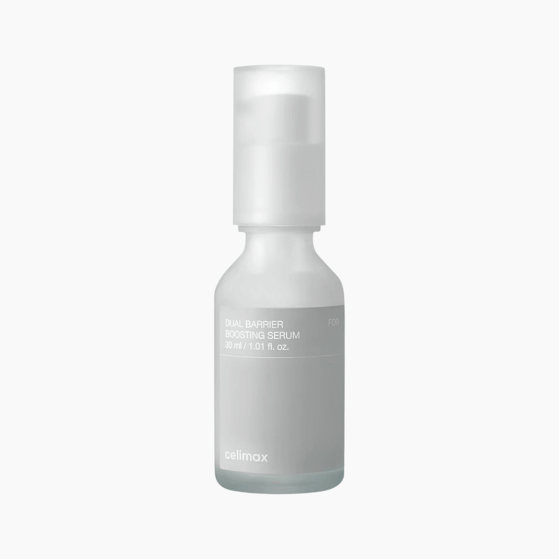 Das Celimax Dual Barrier Boosting Serum in einer 30-ml-Flasche aus Milchglas hat einen weißen Pumpspender und ein minimalistisches grau-weißes Etikett.
