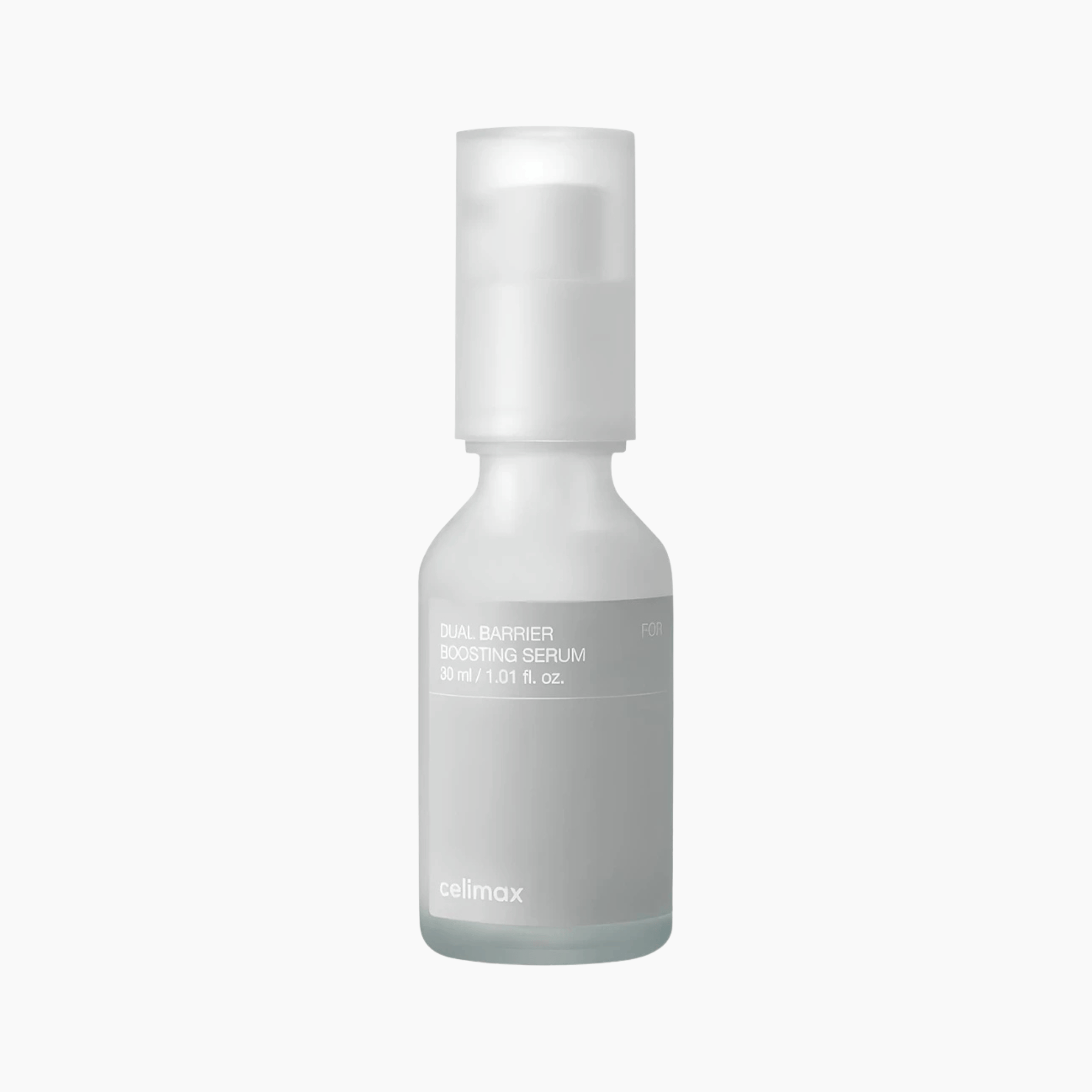Das Celimax Dual Barrier Boosting Serum in einer 30-ml-Flasche aus Milchglas hat einen weißen Pumpspender und ein minimalistisches grau-weißes Etikett.