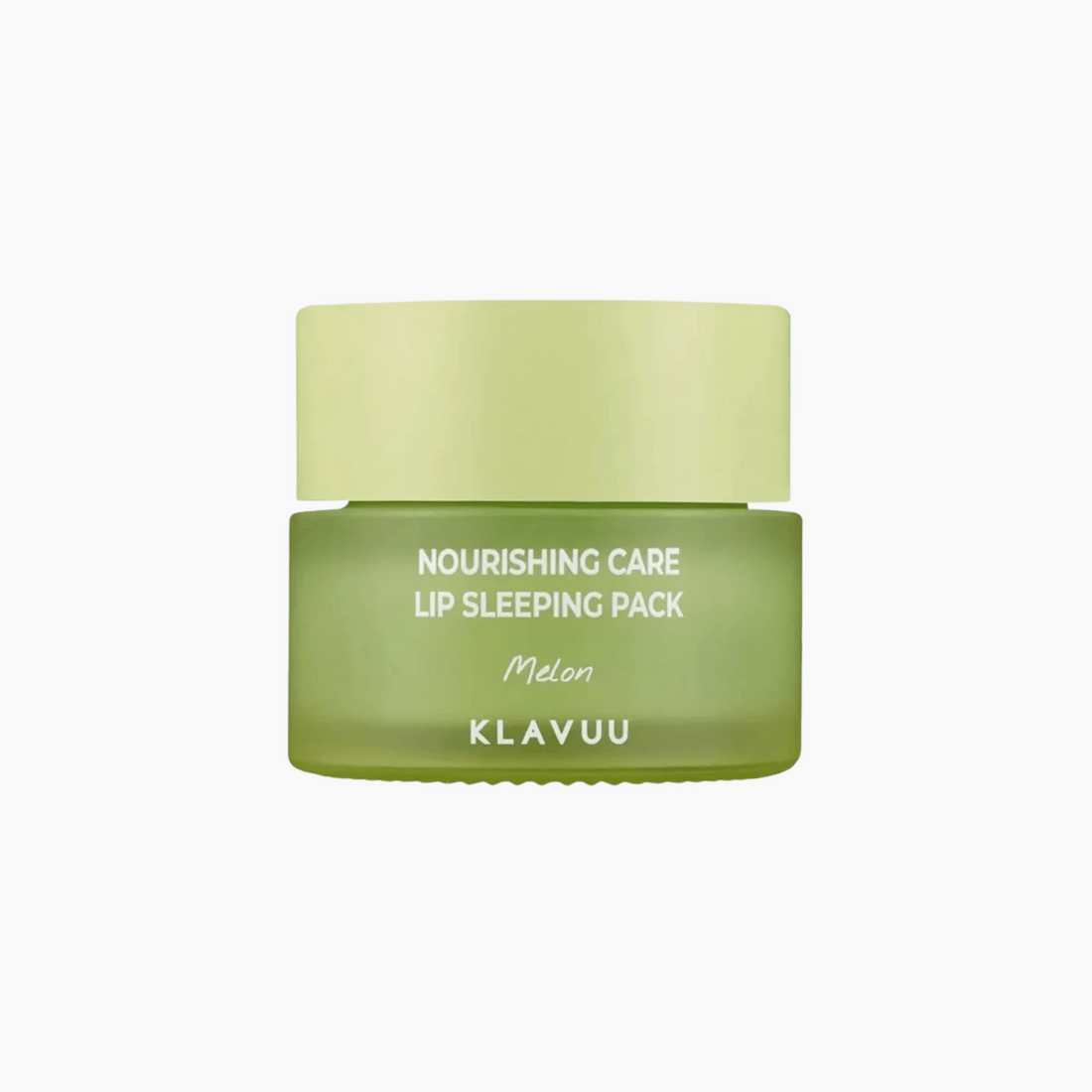 Das Klavuu Nourishing Care Lip Sleeping Pack Melon kommt in einem grünen Tiegel mit passendem hellgrünem Deckel und minimalem Design.