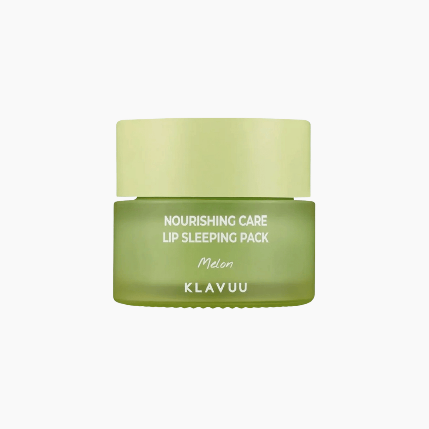 Das Klavuu Nourishing Care Lip Sleeping Pack Melon kommt in einem grünen Tiegel mit passendem hellgrünem Deckel und minimalem Design.