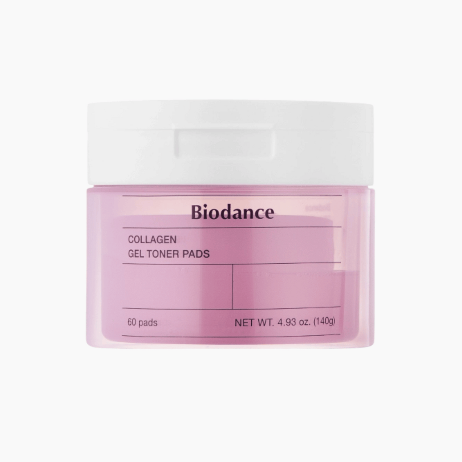 Ein rosa-weißer Behälter mit der Aufschrift Biodance Collagen Gel Toner Pads 60 Pads, Nettogewicht 4.93 oz (140g).
