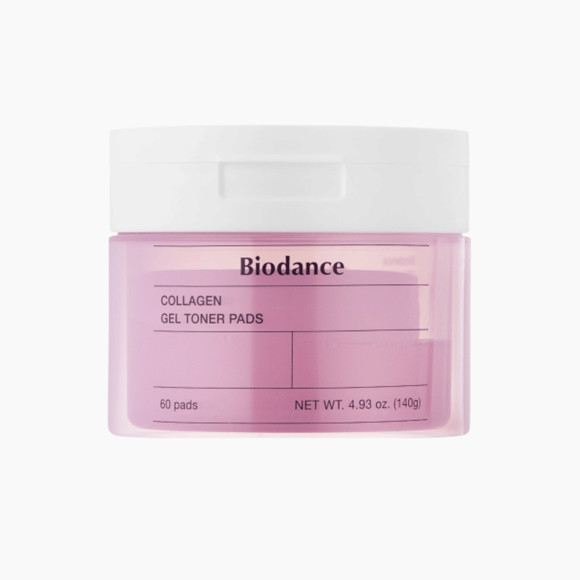 Ein rosa-weißer Behälter mit der Aufschrift Biodance Collagen Gel Toner Pads 60 Pads, Nettogewicht 4.93 oz (140g).