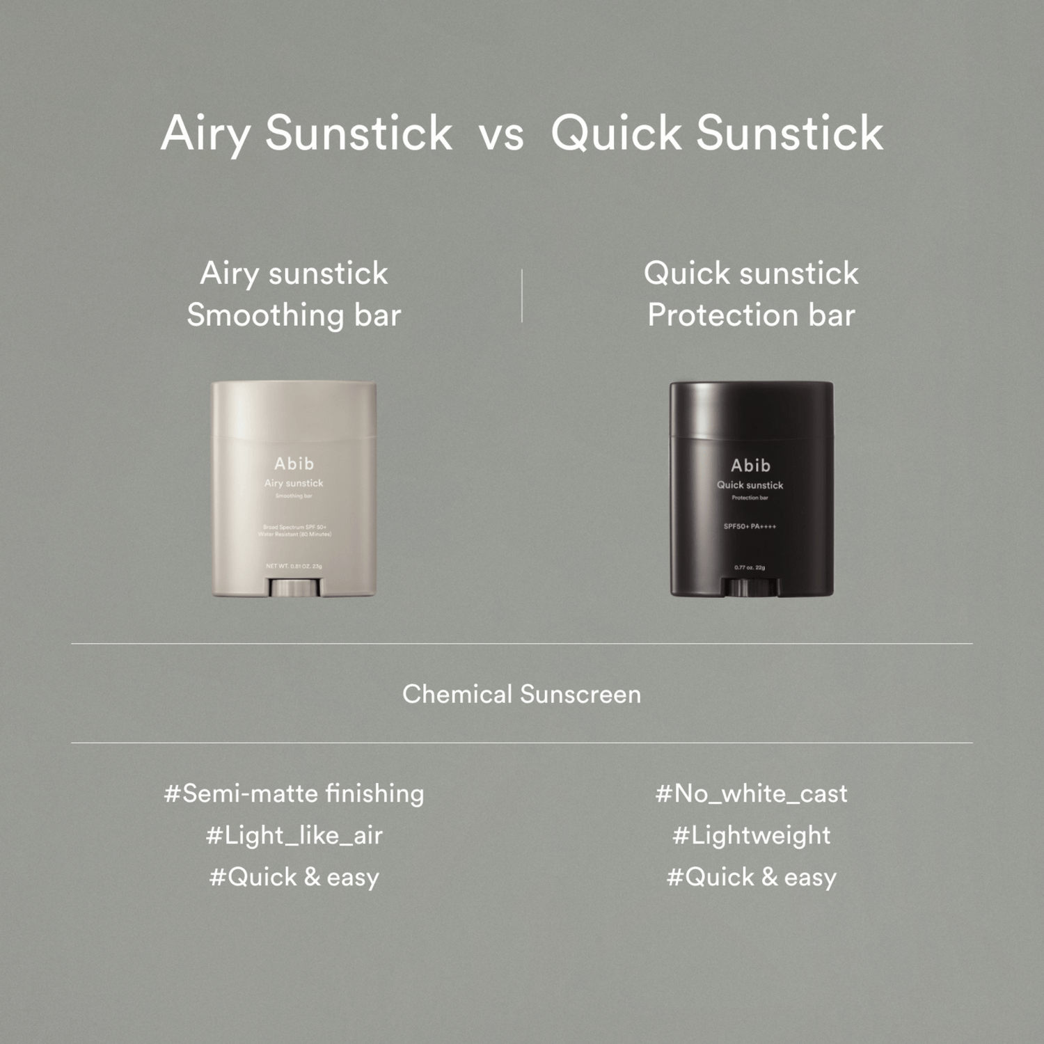 Zwei Sonnenschutzprodukte sind nebeneinander abgebildet: ein weißer Abib Airy Sunstick Smoothing Bar 23g und ein schwarzer Quick Sunstick Protection Bar, jeweils mit einer kurzen Auflistung der Merkmale unten.
