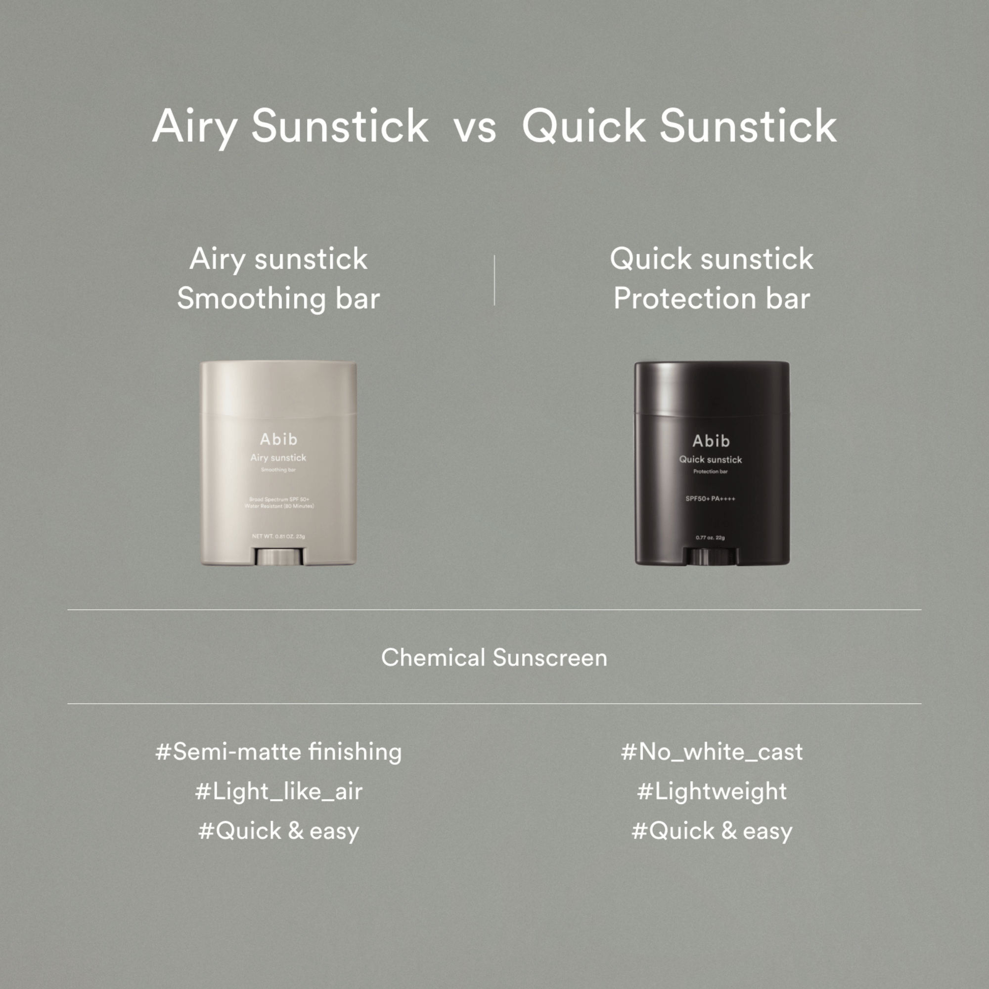 Zwei Sonnenschutzprodukte sind nebeneinander abgebildet: ein weißer Abib Airy Sunstick Smoothing Bar 23g und ein schwarzer Quick Sunstick Protection Bar, jeweils mit einer kurzen Auflistung der Merkmale unten.