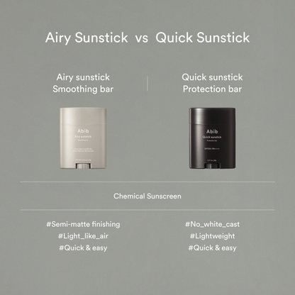 Zwei Sonnenschutzprodukte sind nebeneinander abgebildet: ein weißer Abib Airy Sunstick Smoothing Bar 23g und ein schwarzer Quick Sunstick Protection Bar, jeweils mit einer kurzen Auflistung der Merkmale unten.
