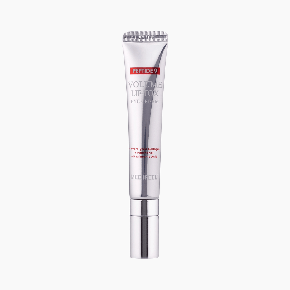 Eine silberne Tube MEDI-PEEL Peptide 9 Volume Lif-Tox Eye Cream steht aufrecht vor einem weißen Hintergrund.