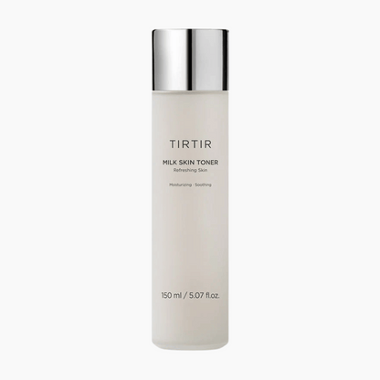 TIRTIR Milk Skin Toner 150ml mit silbernem Deckel auf weißem Hintergrund feuchtigkeitsspendender Toner für empfindliche Haut