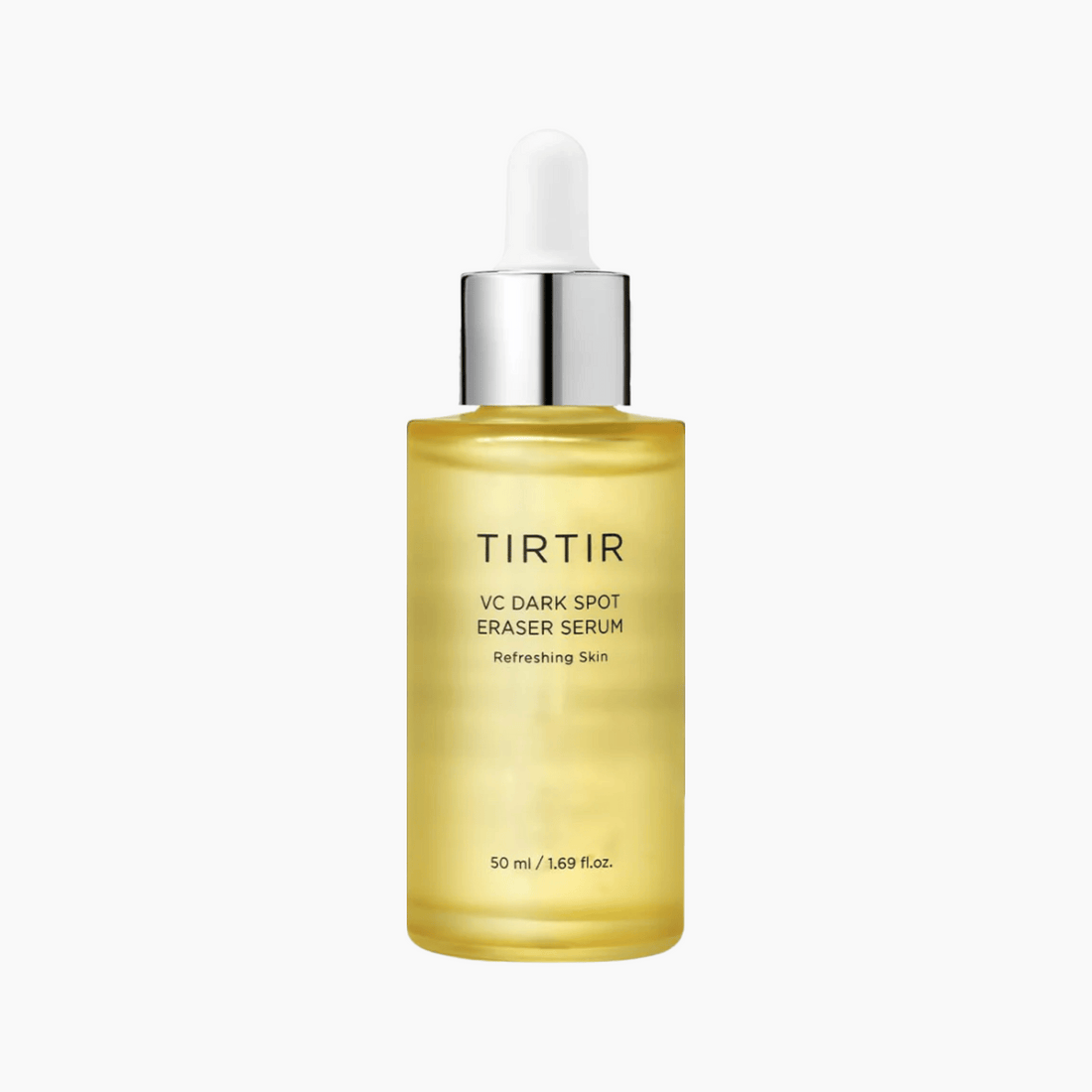 Gelbe Glasflasche des TIRTIR VC Dark Spot Eraser Serum 50ml mit silbernem Pipettenverschluss auf weißem Hintergrund, Vitamin-C-Serum gegen Pigmentflecken