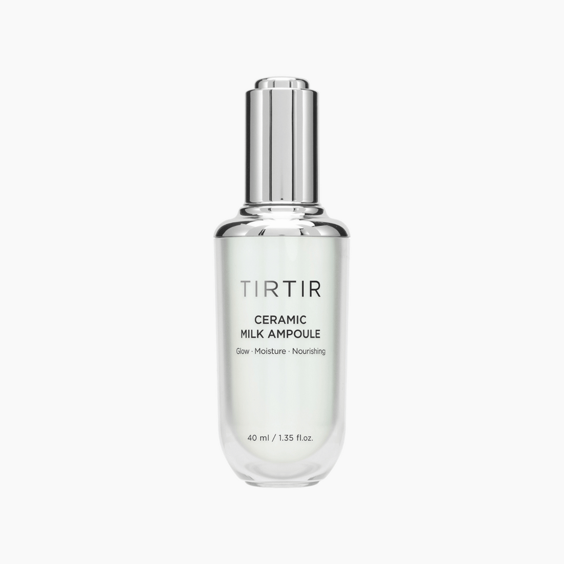 Elegante Glasflasche der TIRTIR Ceramic Milk Ampoule 40ml mit silbernem Spender für intensive Feuchtigkeit und Glow