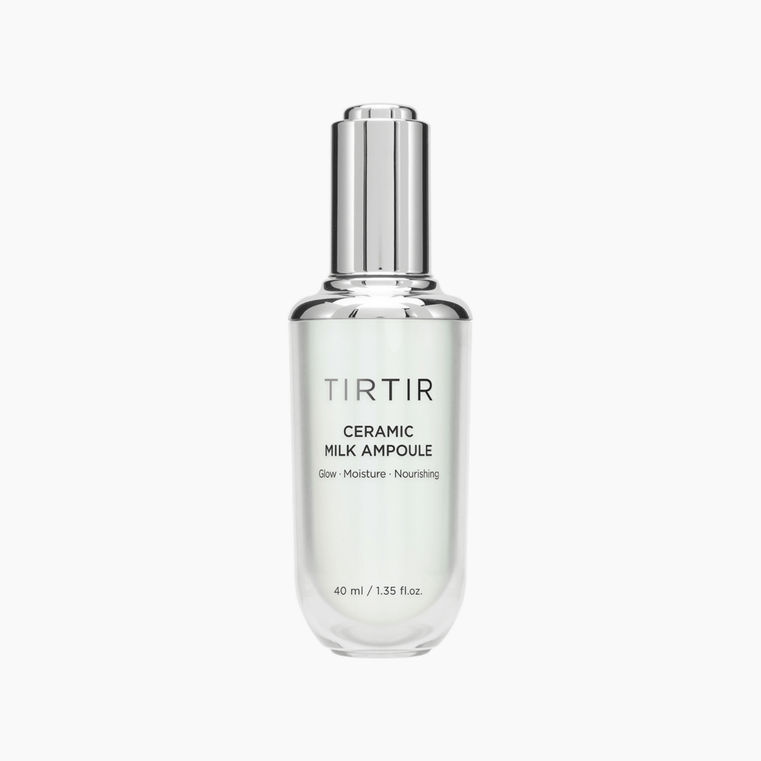 Elegante Glasflasche der TIRTIR Ceramic Milk Ampoule 40ml mit silbernem Spender für intensive Feuchtigkeit und Glow