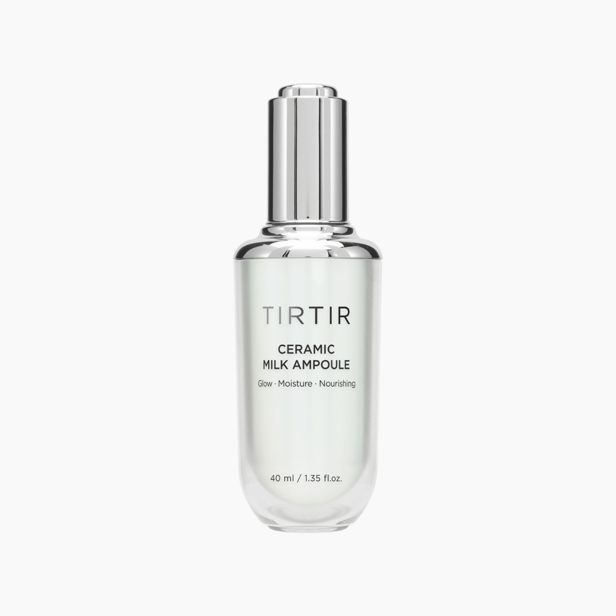Elegante Glasflasche der TIRTIR Ceramic Milk Ampoule 40ml mit silbernem Spender für intensive Feuchtigkeit und Glow