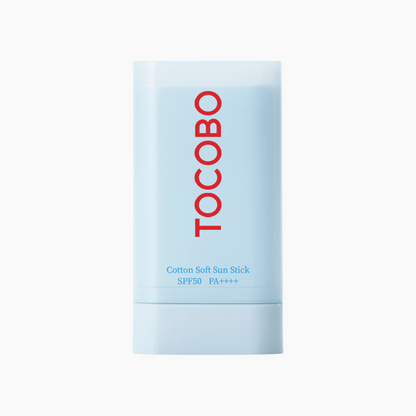 Helles Produktfoto der Tocobo Cotton Soft Sun Stick SPF50 PA++++ Sonnenpflege auf weißem Hintergrund, minimalistisches Design