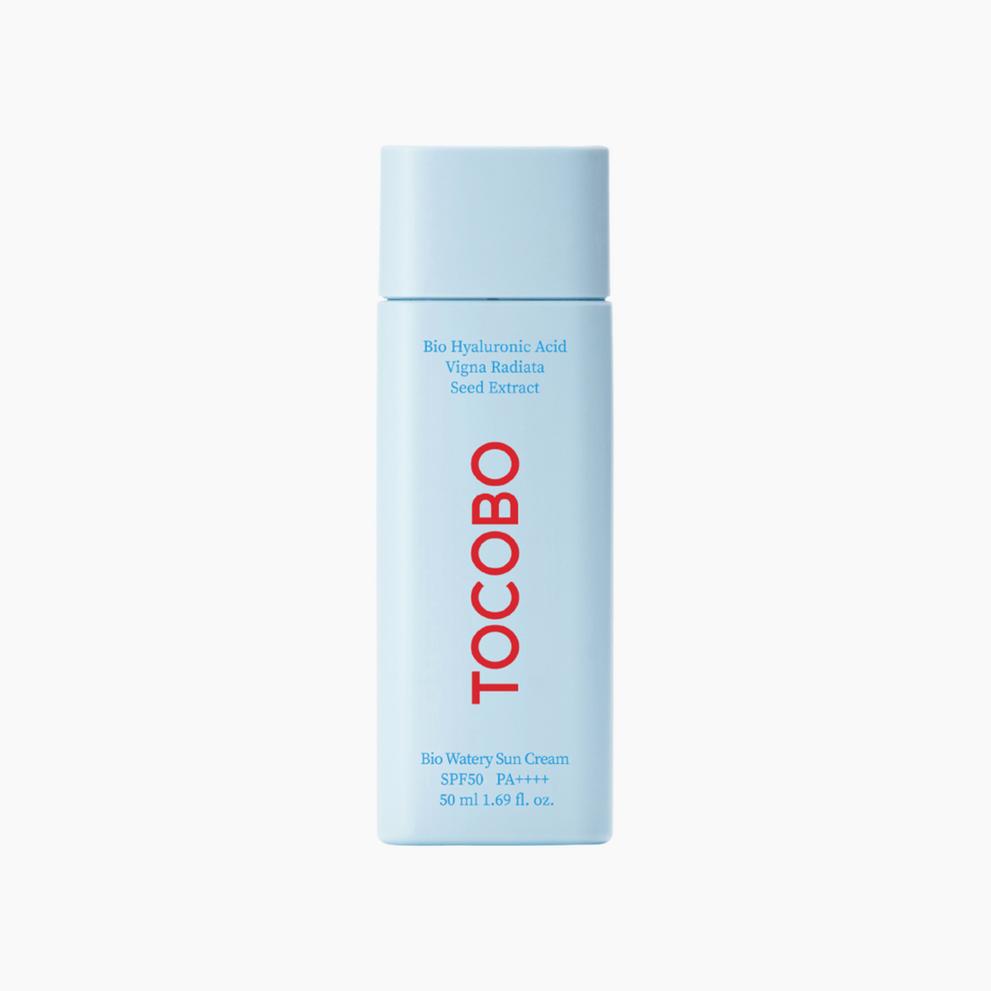 Tocobo Bio Watery Sun Cream SPF50+ PA++++ in hellblauer Tube mit rotem Logo auf weißem Hintergrund