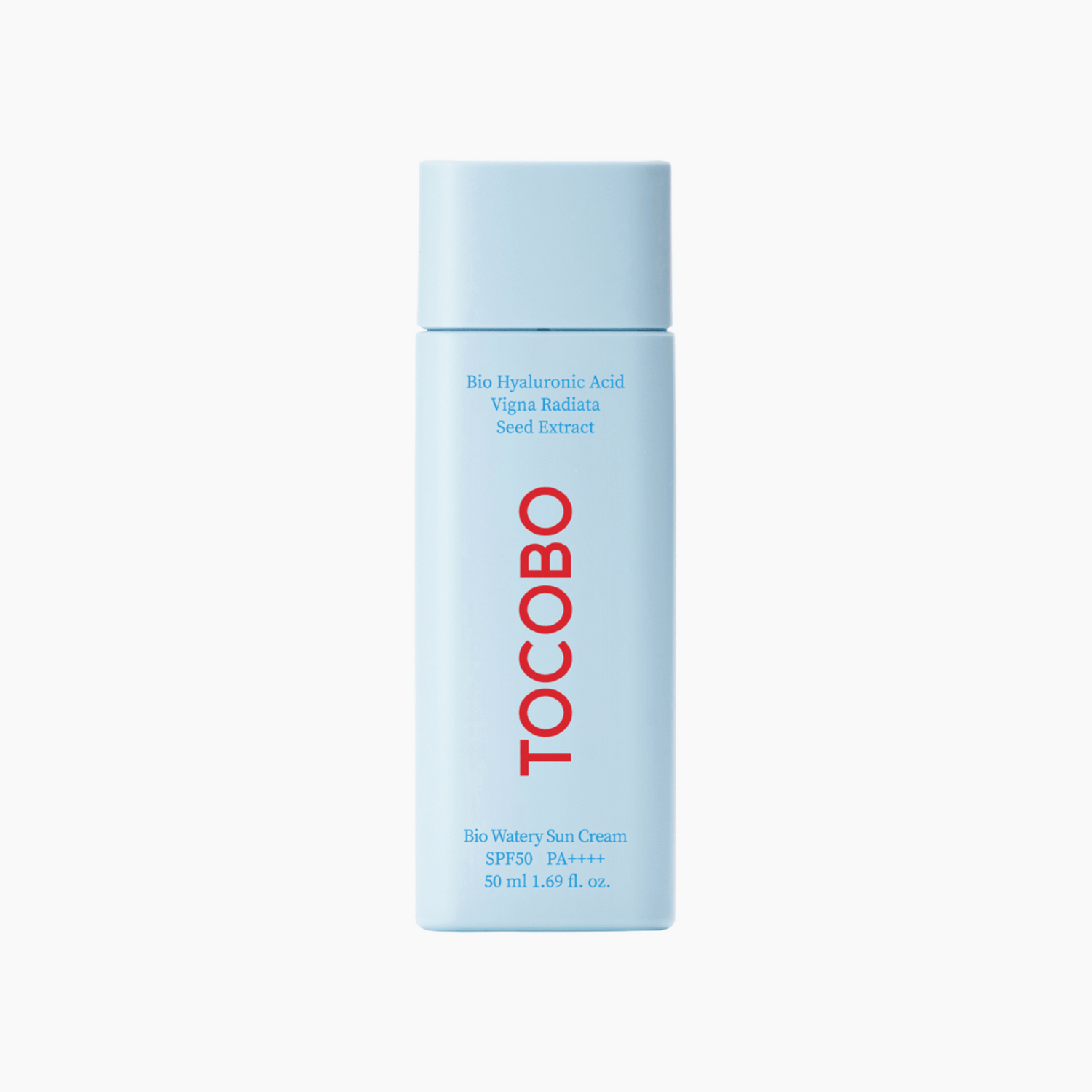Tocobo Bio Watery Sun Cream SPF50+ PA++++ in hellblauer Tube mit rotem Logo auf weißem Hintergrund