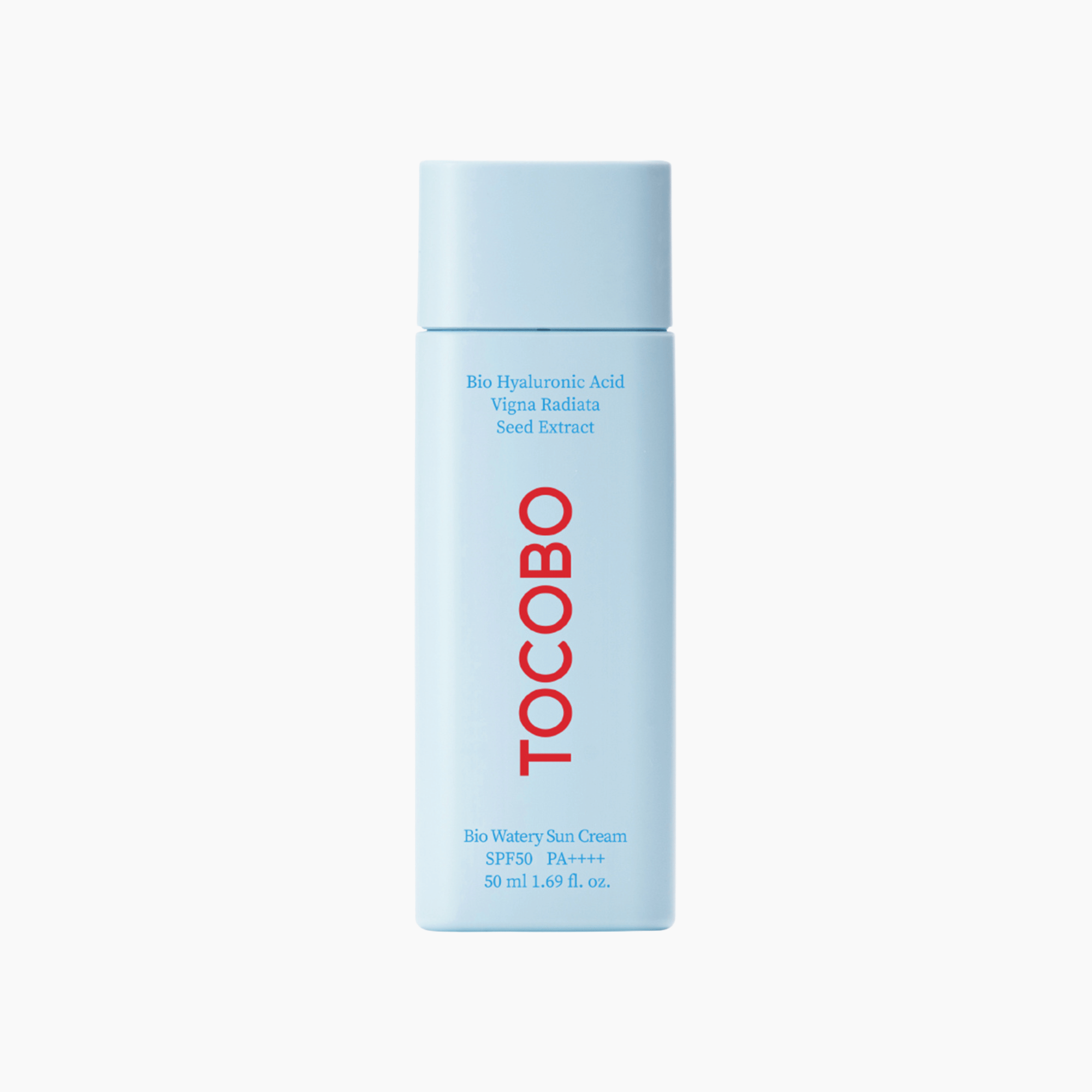 Tocobo Bio Watery Sun Cream SPF50+ PA++++ in hellblauer Tube mit rotem Logo auf weißem Hintergrund