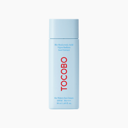 Tocobo Bio Watery Sun Cream SPF50+ PA++++ in hellblauer Tube mit rotem Logo auf weißem Hintergrund