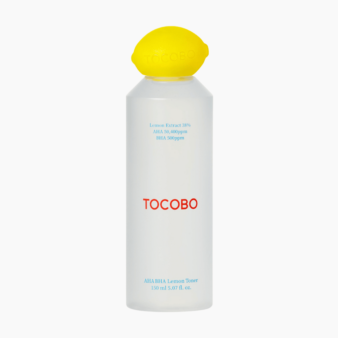Tocobo AHA BHA Lemon Toner Flasche mit gelbem Zitronendeckel auf weißem Hintergrund