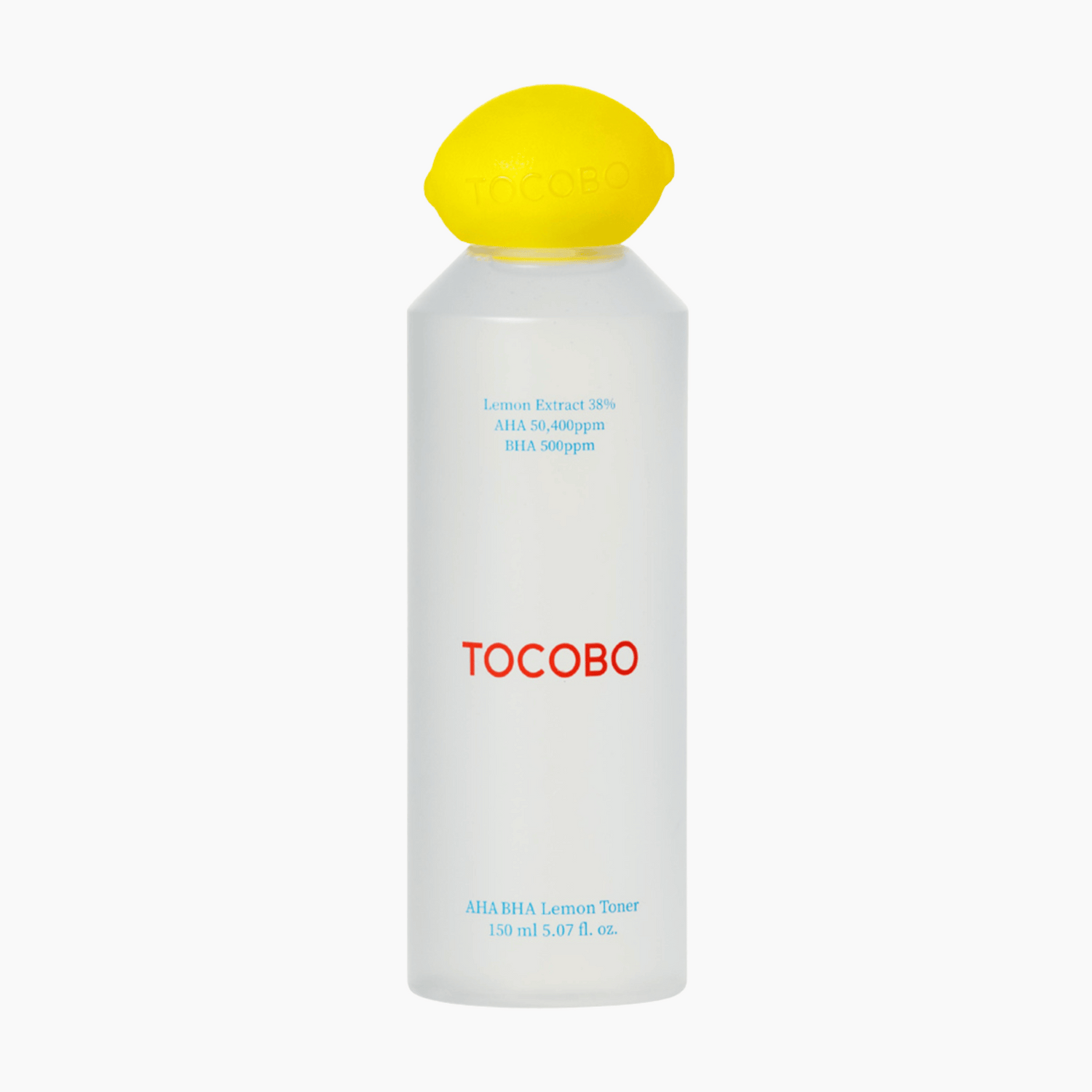 Tocobo AHA BHA Lemon Toner Flasche mit gelbem Zitronendeckel auf weißem Hintergrund