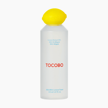 Tocobo AHA BHA Lemon Toner Flasche mit gelbem Zitronendeckel auf weißem Hintergrund