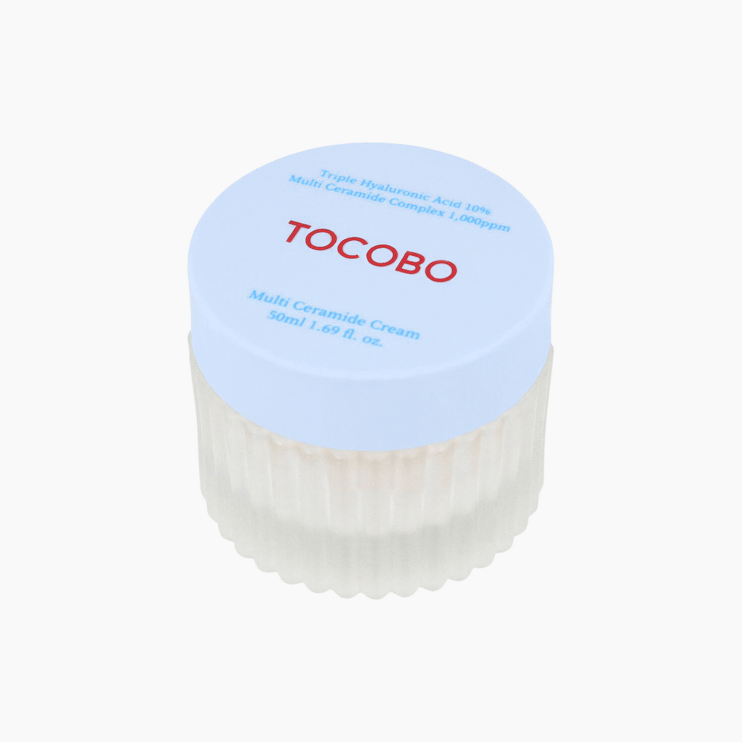Glasbehälter der Tocobo Multi Ceramide Cream 50ml mit hellblauem Deckel auf weißem Hintergrund