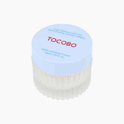 Glasbehälter der Tocobo Multi Ceramide Cream 50ml mit hellblauem Deckel auf weißem Hintergrund