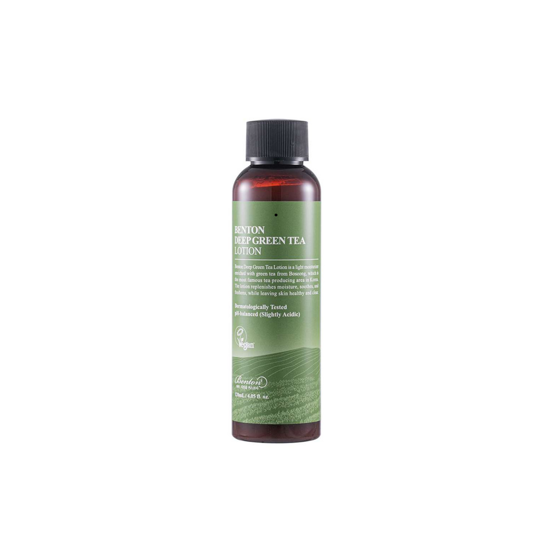 Benton Deep Green Tea Lotion mit grünem Etikett und schwarzem Deckel vor weißem Hintergrund.