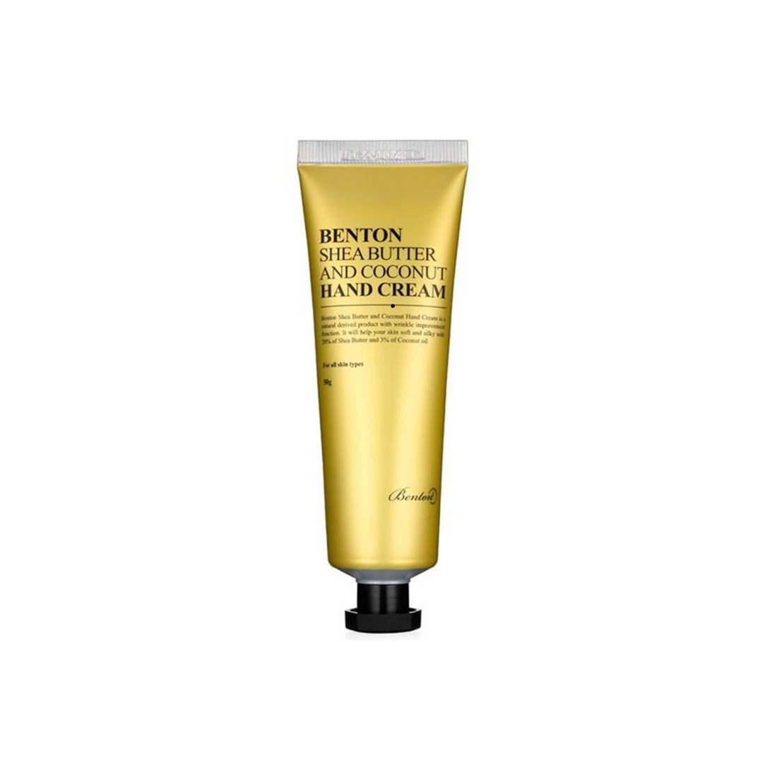 Die goldene Tube der Benton Shea Butter and Coconut Hand Cream steht aufrecht vor einem schlichten weißen Hintergrund.