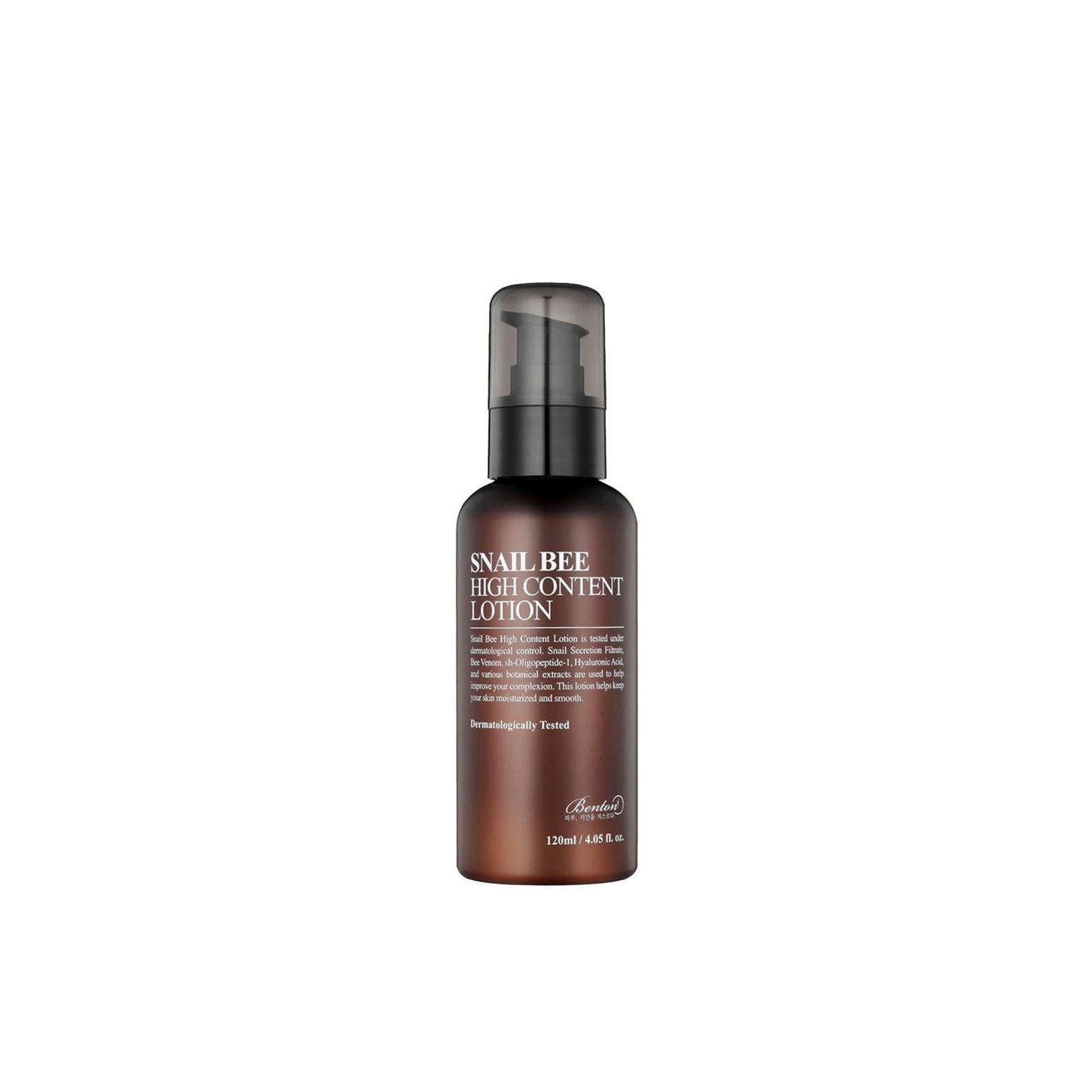 Benton Snail Bee High Content Lotion mit einem schwarzen Pumpspender ist vor einem schlichten weißen Hintergrund zu sehen.