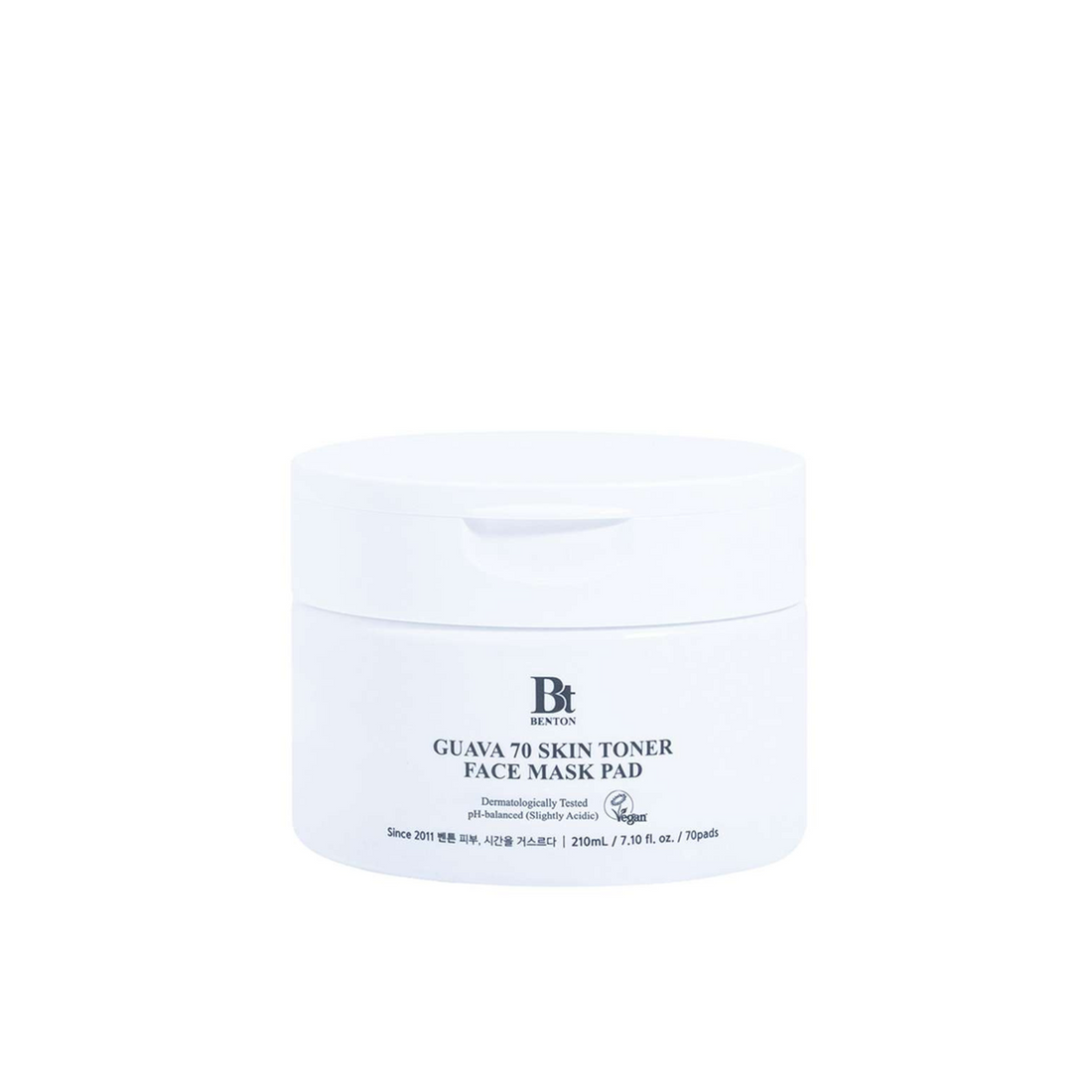 Benton Guava 70 Skin Toner Face Mask Pad, der 70 Pads und 210 ml enthält.