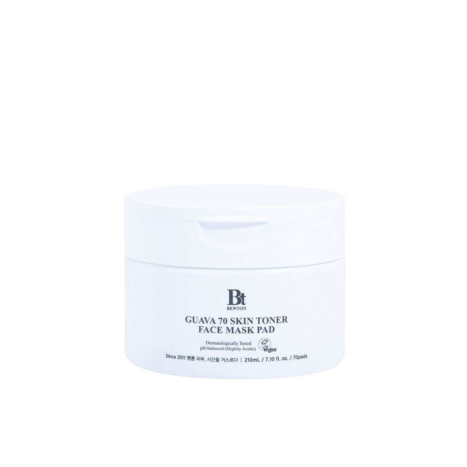 Benton Guava 70 Skin Toner Face Mask Pad, der 70 Pads und 210 ml enthält.