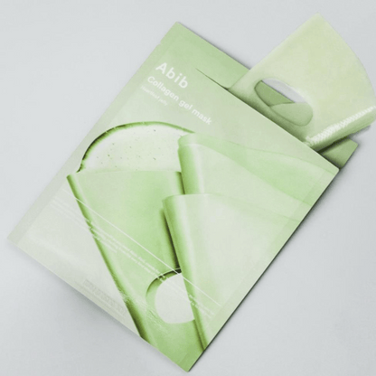 Abib Collagen Gel Mask geöffnet – grüne Gelmaske mit Herzblatt-Extrakt für eine beruhigte und durchfeuchtete Haut