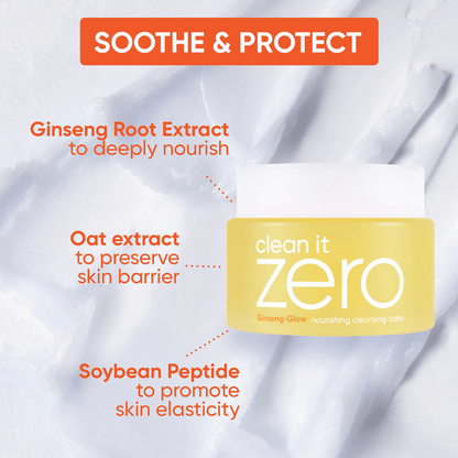 BANILA CO Clean It Zero Nourishing Cleansing Balm mit Ginseng, Hafer- und Sojaextrakt zur Pflege der Hautbarriere, auf weißem Balsam-Hintergrund