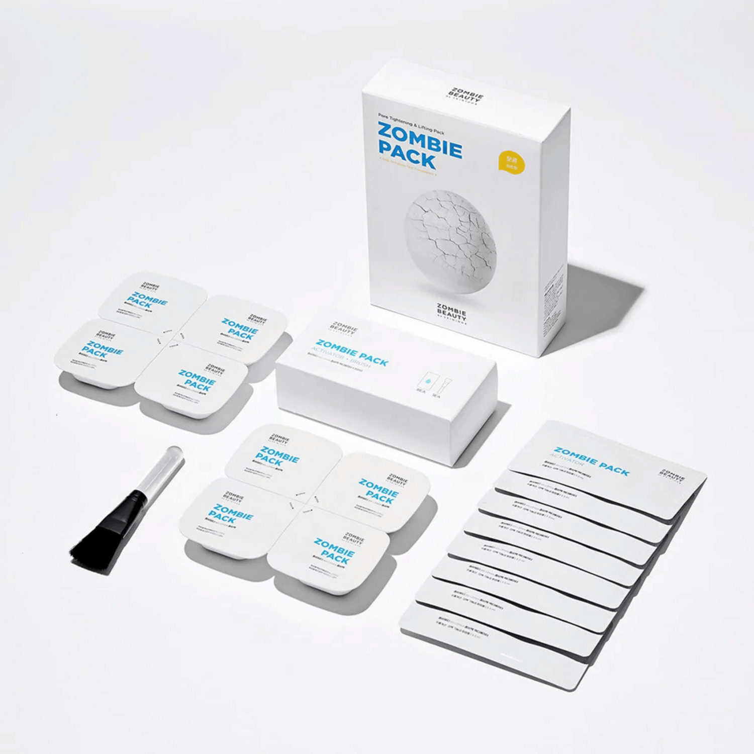 Zombie Pack Set von Zombie Beauty mit Ampullen, Pinsel und Box, Produktaufnahme auf weißem Hintergrund 