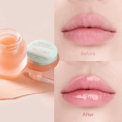 Vorher-nachher Vergleich der Tocobo Vita Glazed Lip Mask sichtbar geglättete, glänzende Lippen nach der Anwendung