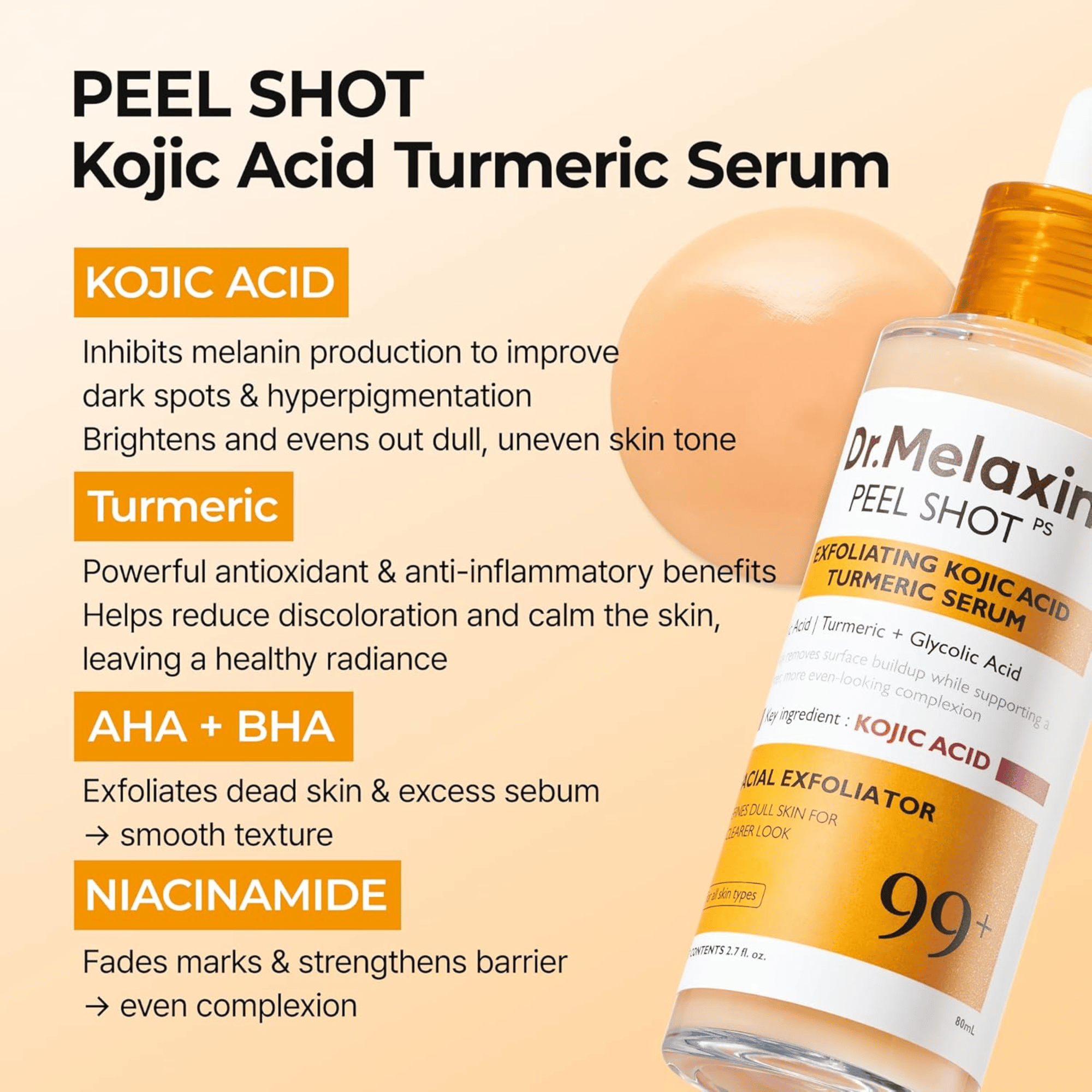 Dr.Melaxin Peel Shot Exfoliating Kojic Acid Turmeric Serum 80ml - cosmadic
